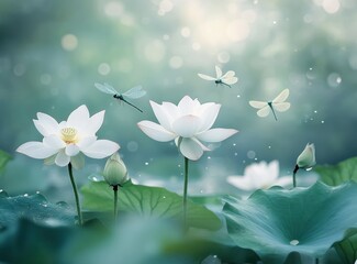 Serene Lotus Pond with Dragonflies in a Dreamy, Tranquil Atmosphere