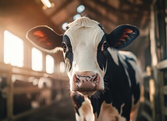 Close-up of a black and white Holstein cow in a sunlit barn setting