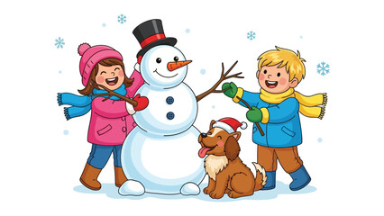 Winter Wonderland Companions: Two joyful children and a playful canine collaborate to craft a charming snowman, embodying the cheerful spirit of a snowy day.