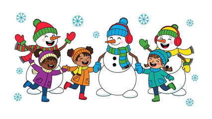 Winter Wonderland Friendship: Joyful children and whimsical snowmen in a circle of friendship, their laughter and connection radiating warmth in a magical winter scene.