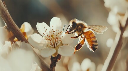 Golden Bee on Blossom: A Serene Spring Scene of Pollination and Beauty