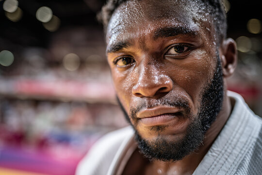 Intense close-up of a sweaty male judo athlete in white gi, focused and determined after a match in a crowded sports arena