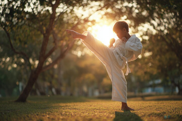 Young boy practicing karate outdoors at golden hour: powerful high kick in white gi, barefoot balance and focused training in a sunlit park at sunset