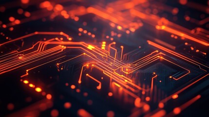 Futuristic Circuit Board with Glowing Orange Traces and Data Flow