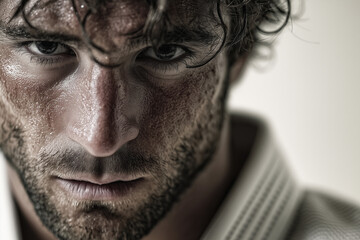 Intense close-up portrait of a sweaty man with stubble and a piercing determined gaze, conveying grit, focus, and raw emotion
