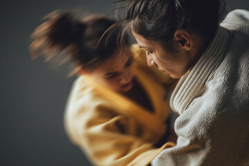 Two female judoka training in close-up action — intense grappling and focused technique with motion blur highlighting discipline and determination