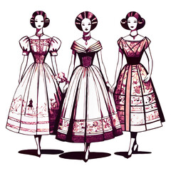Fototapeta premium models in traditional vintage dresses vector ink sketch illustration