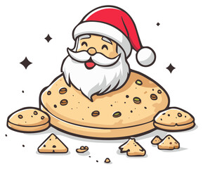 Jolly cartoon Santa Claus character with a big pile of festive Christmas cookies and sweet treats