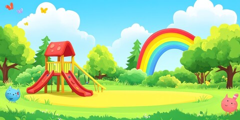 Vibrant Children's Playground with Rainbow and Cartoon Characters Illustration