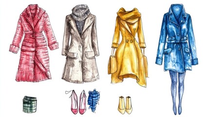Four fashion illustrations depict coats of varying colors and styles. A pink coat, a blue coat, a yellow coat, and a gray coat are shown on dress forms