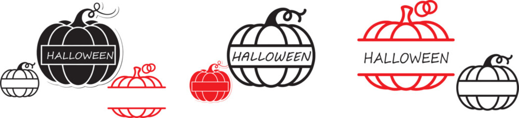 Halloween pumpkin typography icon set. Holiday line icons with pumpkins, text banner, autumn harvest, spooky and horror theme for Halloween party decoration. Editable stroke vector illustration.