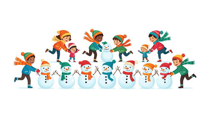 Snowman Creation: Joyful children gather together to build snowmen in a wintry scene, creating lasting memories with friends and family.