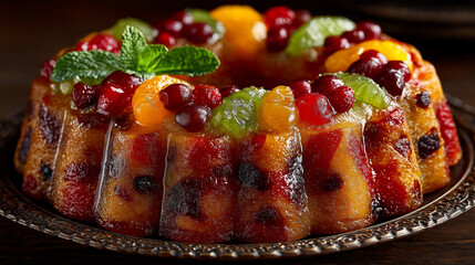 Fruitcake with strawberry on plate