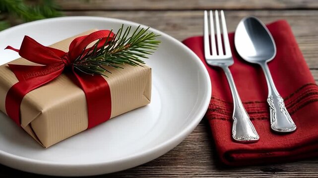 Elegant holiday dining setup with a beautifully wrapped gift and festive tableware
