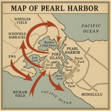 Map of Pearl Harbor with key locations illustrated