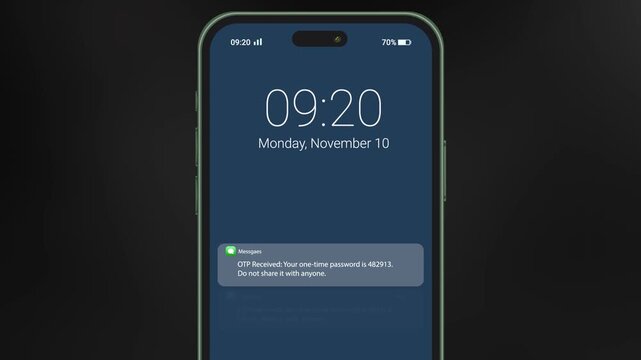 Mobile notification animation displaying OTP One-Time Password) alert smartphone interface, smooth apps, banking security demos, user authentication tutorials, and mobile UI presentations.