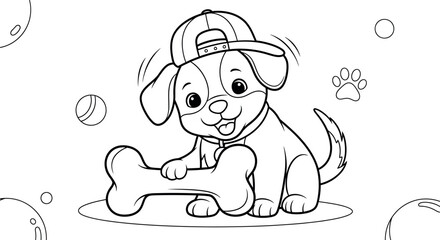 Adorable puppy wearing a cap and holding a bone, a delightful coloring page illustration, perfect for kids and dog lovers alike