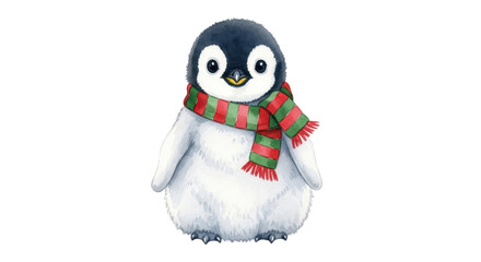 Fototapeta premium Cute penguin wearing a festive red and green scarf on white background
