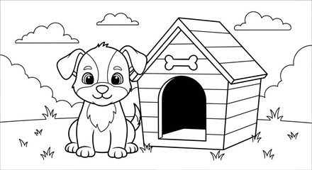 Charming puppy sitting beside a doghouse, a delightful coloring page illustration, perfect for kids and dog lovers alike