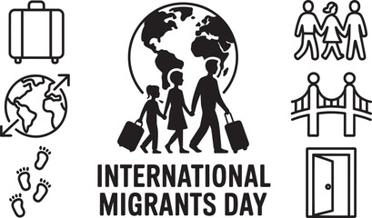International Migrants Day globe with family, luggage, people, door, bridge, footprints icons