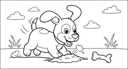 A playful puppy digs in the dirt near a bone, set against a backdrop of fluffy clouds, creating a charming scene