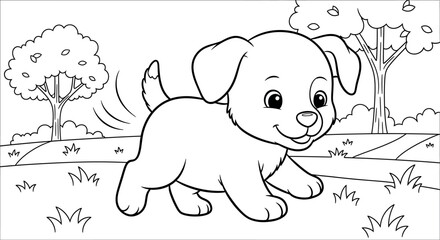 Joyful puppy running in a park, a delightful coloring page illustration, perfect for kids and dog lovers alike