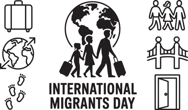 International Migrants Day globe with family, luggage, people, door, bridge, footprints icons