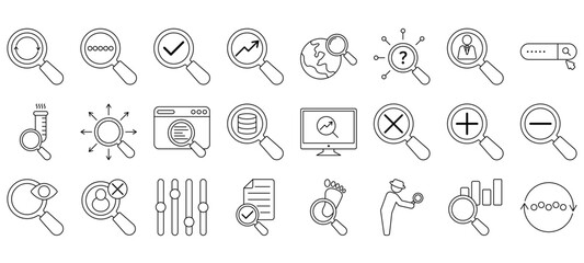 Search icon set. Containing magnifying glass, find, research, SEO and investigate icons. Solid icon collection. Vector illustration.