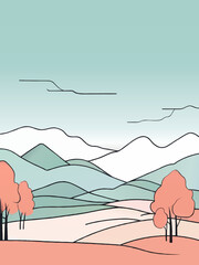 simple cartoon landscape with hills and trees vector sketch background