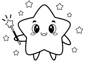 A cute kawaii star mascot holding a magic wand. Simple black and white vector line art for a children's coloring book page or logo.