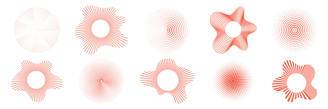 Set of radiate echo patterns. Red concentric circular and radial shockwave collection. Abstract vector round, ripple, signal elements.