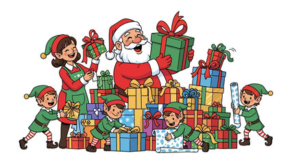 Festive Gifts Galore: Santa Claus and his elves, surrounded by a mountain of beautifully wrapped gifts, prepare for the season of giving, embodying the spirit of Christmas.