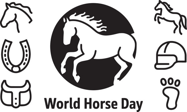 World Horse Day icons set with outline horse, horseshoe, saddle, rider helmet and footprint