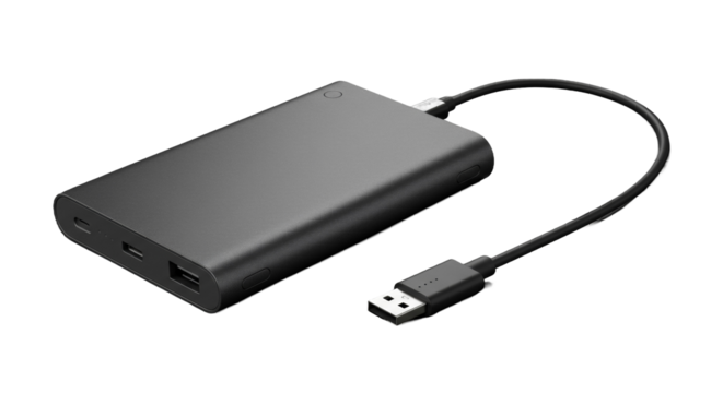 Sleek Dark Grey Portable Power Bank and Usb Cable on a Dark Background