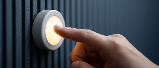 A person's finger pressing a button on an illuminated light switch, with the surrounding area in shadow and focus primarily on their hand