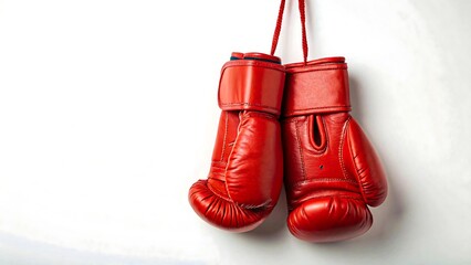 Red boxing gloves hanging on white wall symbolizing strength and fitness
