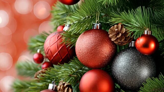 Colorful ornaments and pinecones decorate a Christmas tree in festive holiday setting
