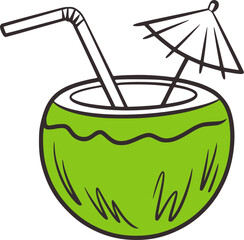 Green coconut drink with straw and umbrella beverage