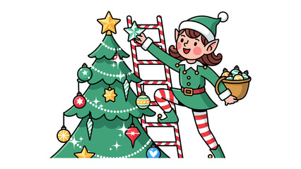 Elf Decorating Christmas Tree: A festive elf meticulously decorates a Christmas tree, carefully placing ornaments and a shining star, bringing holiday cheer. 