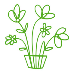 Green line art drawing of a potted flower bouquet flowers