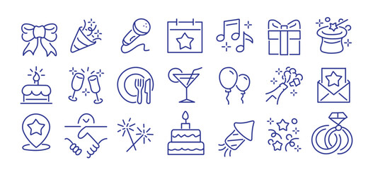 Party, celebration and event planning editable stroke outline icons set isolated on white background flat vector illustration. Pixel perfect. 64 x 64. 
