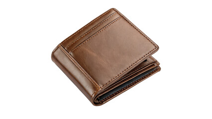 Brown leather wallet resting on a clean surface with visible texture and folds on a transparent background