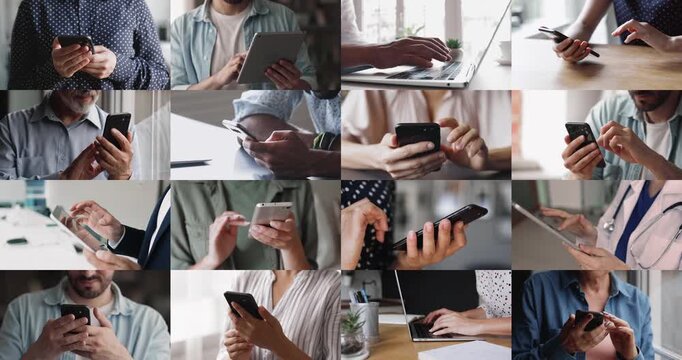 Changing multiple collage view different people using diverse devices, closeup