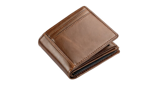 Brown leather wallet resting on a clean surface with visible texture and folds on a transparent background