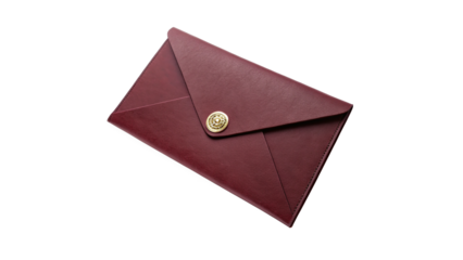 Elegant red envelope with a golden clasp resting on a flat surface in soft natural light on a transparent background