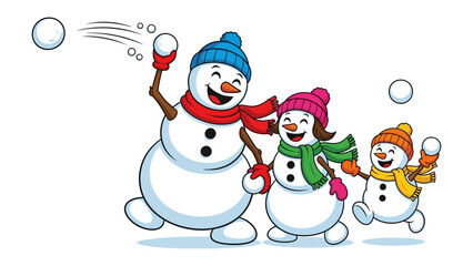 Snowy Family Fun: A cheerful family of snowmen engaging in a playful snowball fight, embodying the joy of winter, the spirit of togetherness, and the magic of the season.