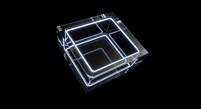 Abstract geometric cube structure with glowing neon light outlines on black background - Powered by Adobe
