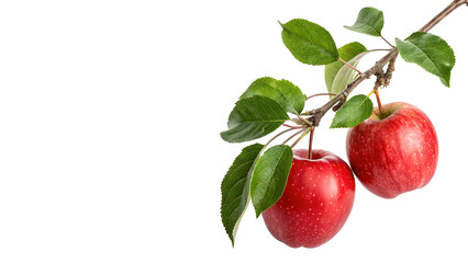 Bright red apples hanging from a branch in a sunny orchard during the harvest season on a...