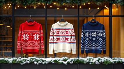 Colorful winter sweaters with snowflake patterns hanging in store window display
