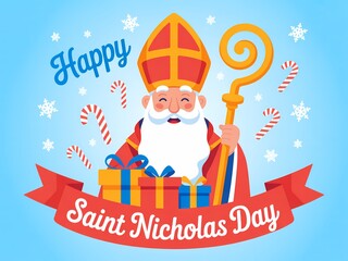 Joyful saint nicholas day celebration with gifts and candy canes on a festive blue background